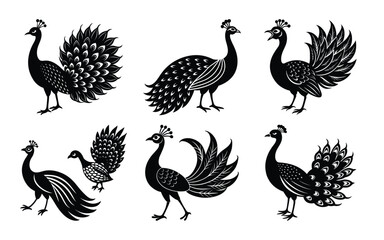 Collection of six stylized black and white illustrations of peacocks in various poses and decorative patterns