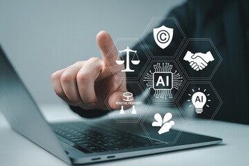 Naklejka premium Intellectual property law and ai artificial intelligence copyright legal protection concept on laptop