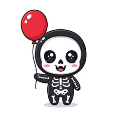 Obraz premium A cheerful cartoon skeleton character in a black costume holds a red balloon.