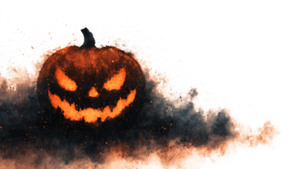 Halloween theme of horror and darkness, with a pumpkin silhouette emerging from inky black clouds and wisps of soot, barely visible embers