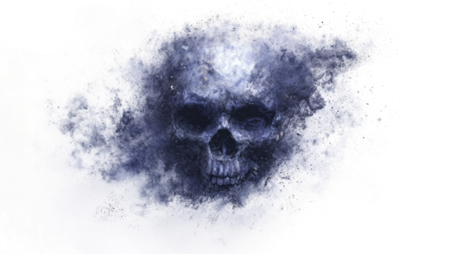 Horror darkness cloudy  of a skull shape forming from inky black fog and ash wisps