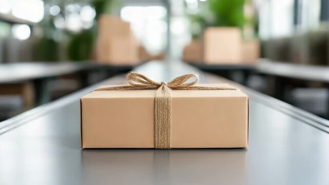 Neatly Wrapped Gift Box with Twine on Table Evokes Anticipation in Modern Workspace Setting