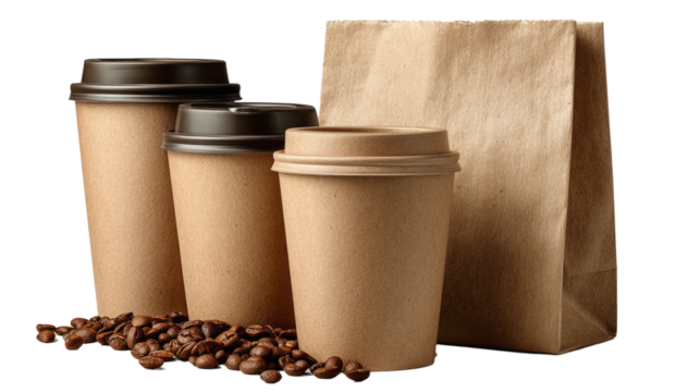 Takeaway coffee cups with beans and paper bag