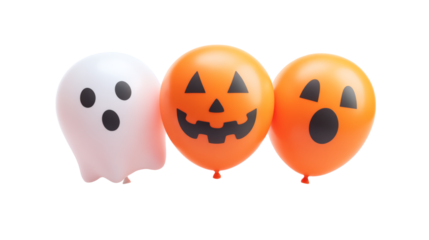Orange Halloween balloons with spooky faces and ghost