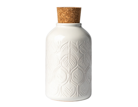 Matte ceramic body lotion bottle with engraved texture pattern, cork stopper cap