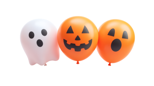Orange Halloween balloons with spooky faces and ghost