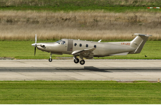Geneva, Switzerland - september 27, 2025 : sign and logo on a Pilatus PC-12 NG of Jetfly Aviation takeoff from Geneva airport.
