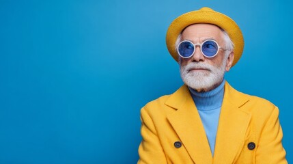 Elderly man with a white beard, dressed in a striking yellow coat and blue sunglasses, stands against a vivid blue backdrop, embodying contemporary style and confidence