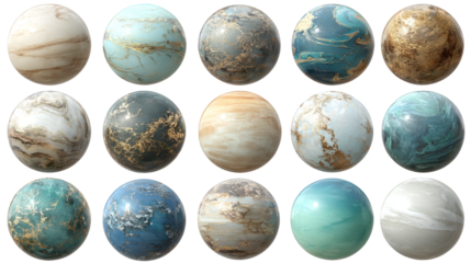 Set of glowing fantasy planet spheres