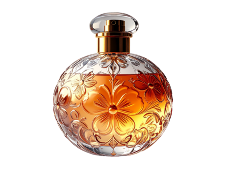 Spherical glass perfume bottle with frosted finish and engraved floral pattern,