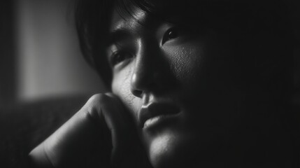 Expression of Contemplation Captured in Black and White With Soft Lighting Highlighting Facial Features and Emotions During a Quiet Moment