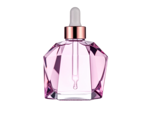Transparent dropper bottle shaped like a gemstone crystal prism, metallic rose cap PNG