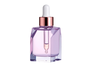 Transparent dropper bottle shaped like a gemstone crystal prism, metallic rose cap PNG