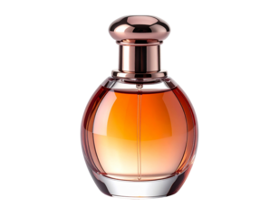 Transparent dropper bottle shaped like a gemstone crystal prism, metallic rose cap PNG