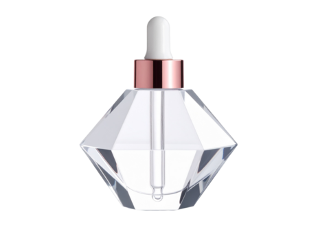 Transparent dropper bottle shaped like a gemstone crystal prism, metallic rose cap PNG