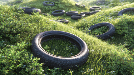 Old tires scattered on grassy hillside in natural environment  