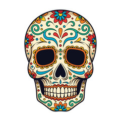 Colorful sugar skull with floral and decorative elements, isolated on a white background.