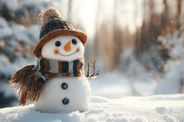 Obraz premium Snowman in Winter Wonderland: A cheerful snowman, adorned with a knitted hat, scarf, and carrot nose, stands proudly amidst a serene, snow-covered landscape.