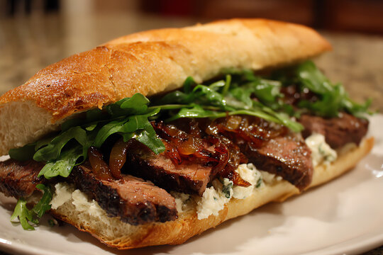 Delicious Sandwich: A mouthwatering sandwich crafted with succulent steak, caramelized onions, and fresh arugula, all nestled in a crusty loaf. A symphony of flavors and textures, ready to satisfy.