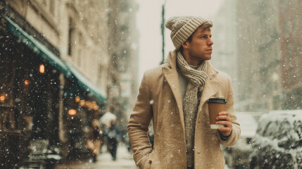Stylish man holding coffee on a snowy urban street wearing winter fashion attire