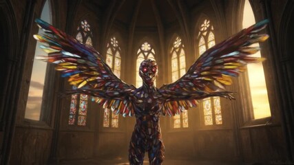 Mysterious creature with colorful wings in gothic cathedral setting - Powered by Adobe