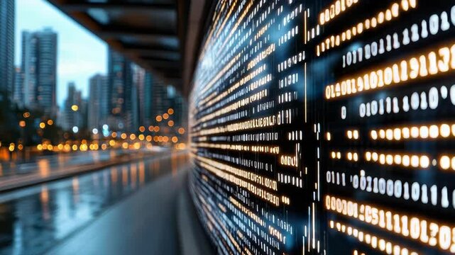 Digital display featuring binary code urban cityscape with illuminated architecture and vibrant