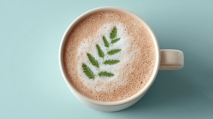 Latte Art Coffee Top View with Green Fern Pattern on Froth in White Cup on Blue Background Food Photography