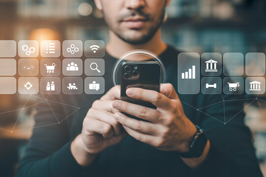 Man using mobile banking app for online shopping and financial management on smartphone technology