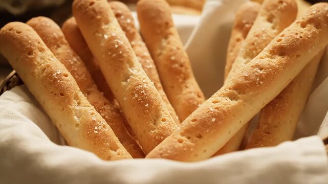 Close-up shot of appetizing breadsticks in a basket with salt sprinkled on top, perfect for a bakery or restaurant menu item, and a delightful snack or appetizer