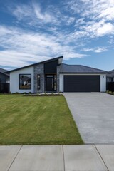 Fototapeta premium A contemporary house featuring a chic design is nestled in a suburban neighborhood, basking in the warmth of a sunny day beneath a pristine blue sky