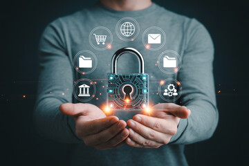 Securing your digital world a man holding a padlock symbolizing data protection and cybersecurity concept