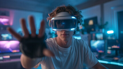 Young man immersed in virtual reality, reaching out with a gloved hand.