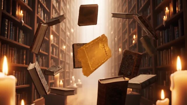 Books floating in a library with candles, creating a magical and mysterious atmosphere.
