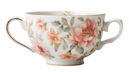 White double-handled bowl with vibrant pink and orange floral watercolor art
