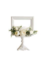 White Ornate Frame on Pedestal with White Flowers white frame