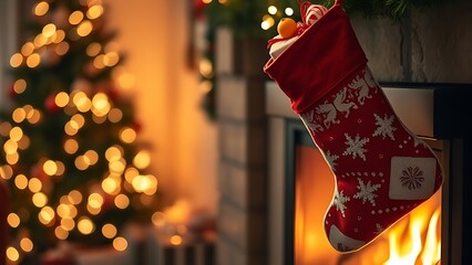 A Christmas stocking by a fireplace in a cozy living room with soft lights.
