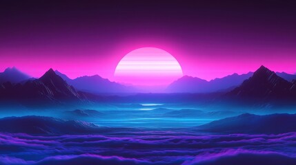 Fototapeta premium Vibrant Synthwave Sunset Landscape with Neon Glow.