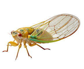 Yellow Cicada Insect with Transparent Wings on Black Background