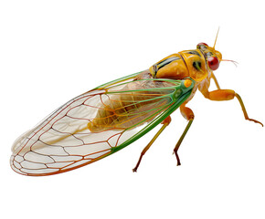 Yellow Cicada Insect with Green Accents and Transparent Wings