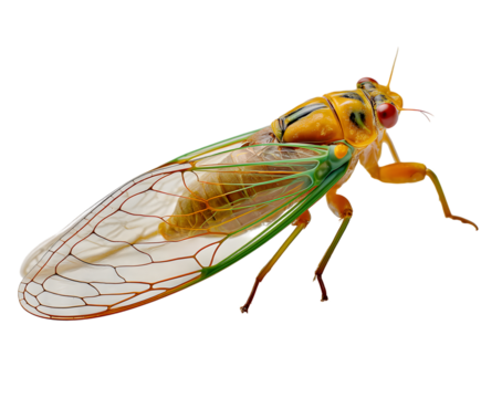 Yellow Cicada Insect with Green Accents and Transparent Wings