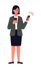 Woman experiencing frustration while using smartphones, cartoon illustration