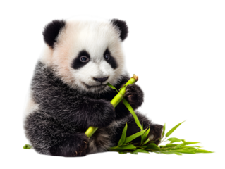 Young panda eating bamboo with green leaves baby panda