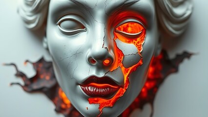 A porcelain mask with cracks revealing molten lava, representing suppressed emotions in aging women.