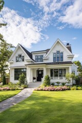 Spacious white house with beautiful landscaping under a clear blue sky in a peaceful neighborhood during the late afternoon