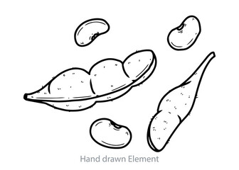 Black and white illustration of edamame pods and individual soybeans scattered on white background.