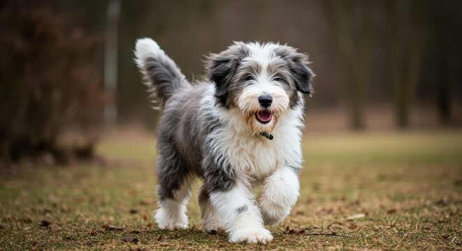 Happy bearded collie puppy running towards the camera in a park on a spring day
