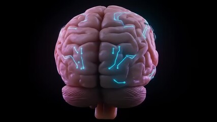 Detailed 3D Animation of a Rotating Human Brain with Glowing Neural Activity. - Powered by Adobe