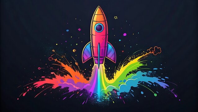 A vibrant, neon-colored startup rocket mid-flight, with splashes of paint exploding 