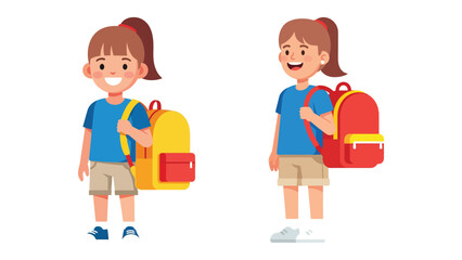 Two happy young schoolgirls with colorful backpacks, ready for a new school year and education