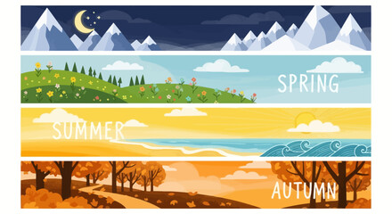 Four seasons vector illustration night spring summer and autumn landscapes banner